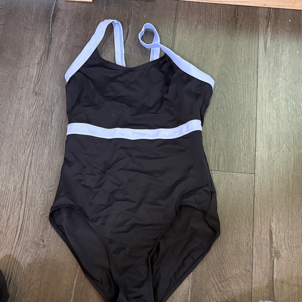 Balera Black One-Piece Leotard with Light Blue Trim Strappy back adult small